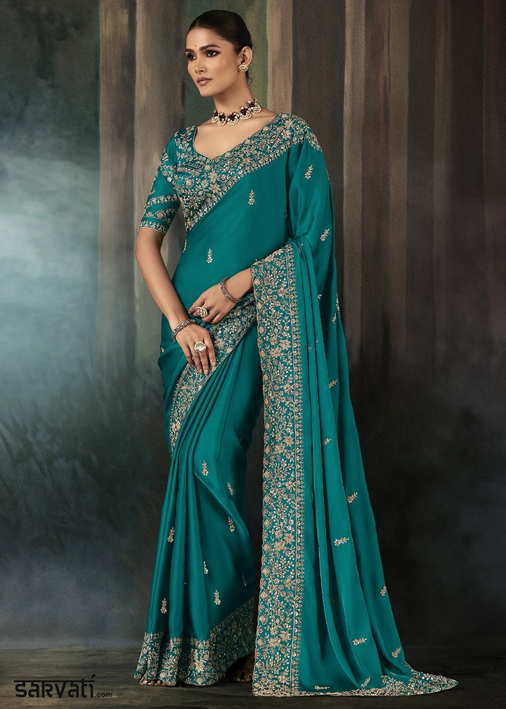 Cyan Blue Embroidered Satin Crepe Saree with Aari Detailing