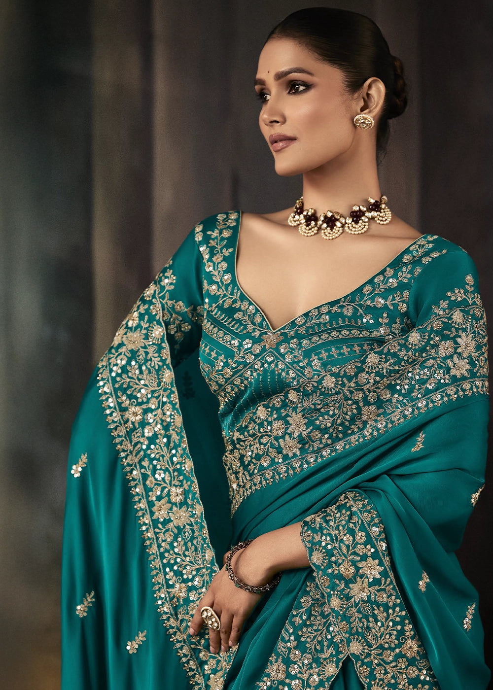 Cyan Blue Embroidered Satin Crepe Saree with Aari Detailing