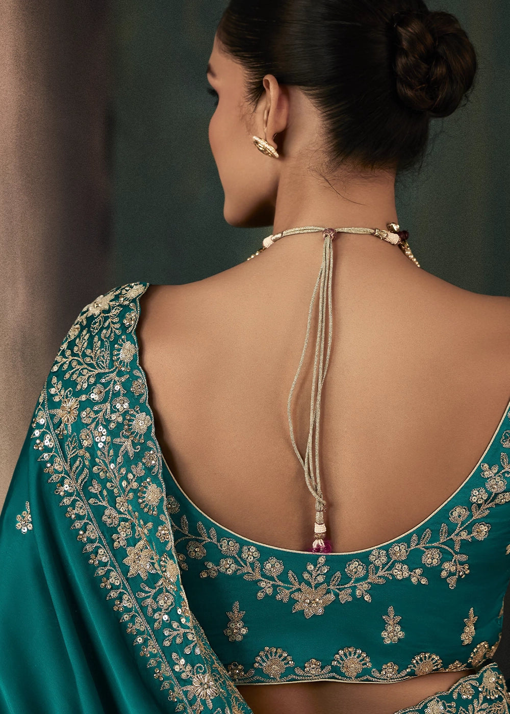 Cyan Blue Embroidered Satin Crepe Saree with Aari Detailing