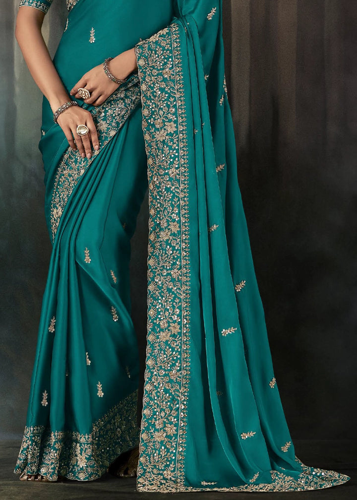 Cyan Blue Embroidered Satin Crepe Saree with Aari Detailing