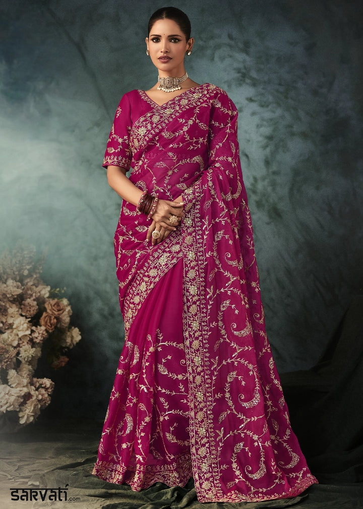Magenta Pink Embroidered Satin Crepe Saree with Aari Detailing