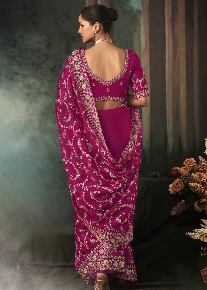Magenta Pink Embroidered Satin Crepe Saree with Aari Detailing