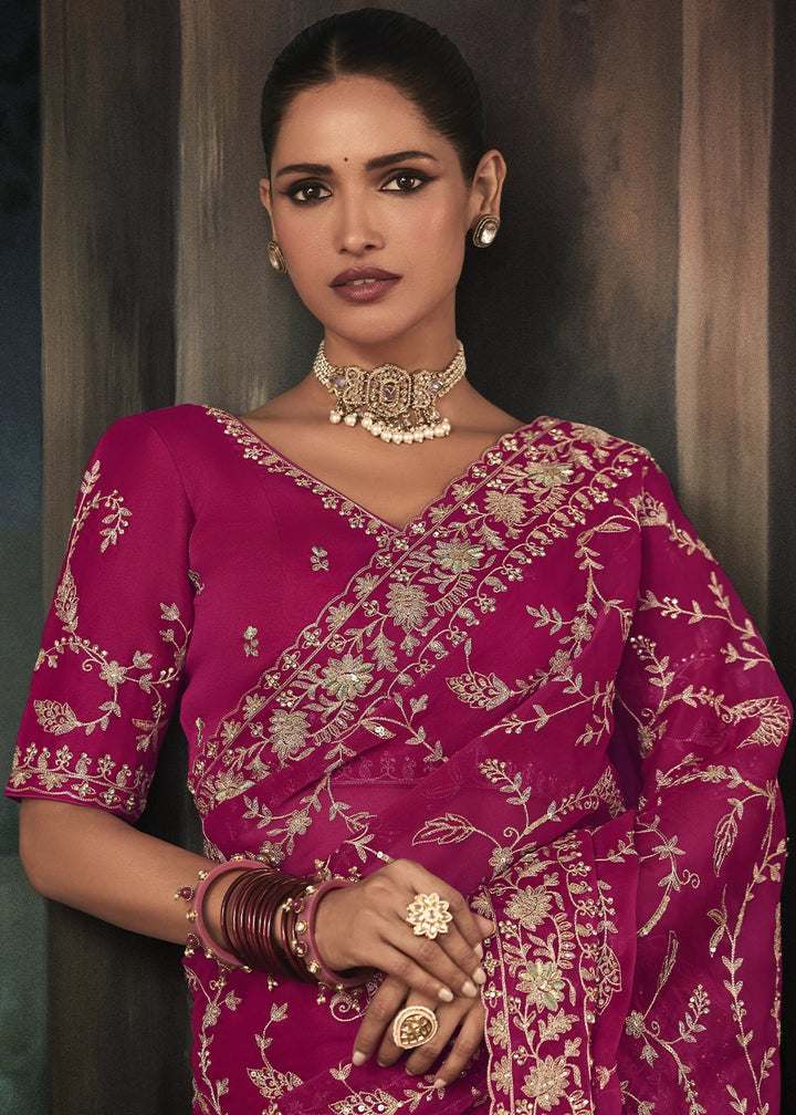 Magenta Pink Embroidered Satin Crepe Saree with Aari Detailing