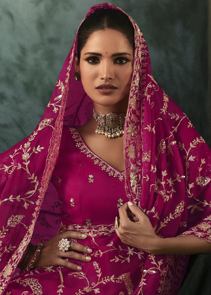 Magenta Pink Embroidered Satin Crepe Saree with Aari Detailing