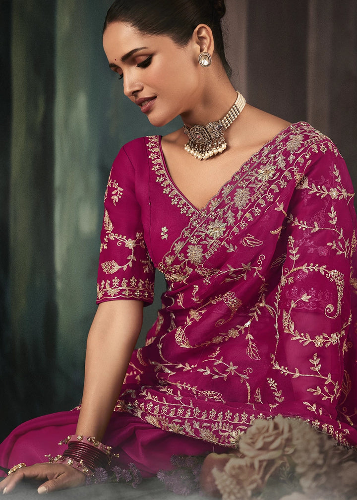 Magenta Pink Embroidered Satin Crepe Saree with Aari Detailing