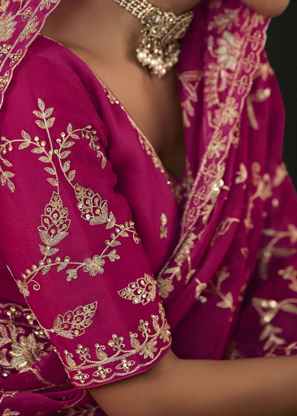 Magenta Pink Embroidered Satin Crepe Saree with Aari Detailing