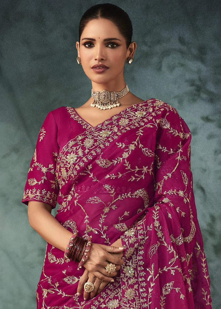 Magenta Pink Embroidered Satin Crepe Saree with Aari Detailing