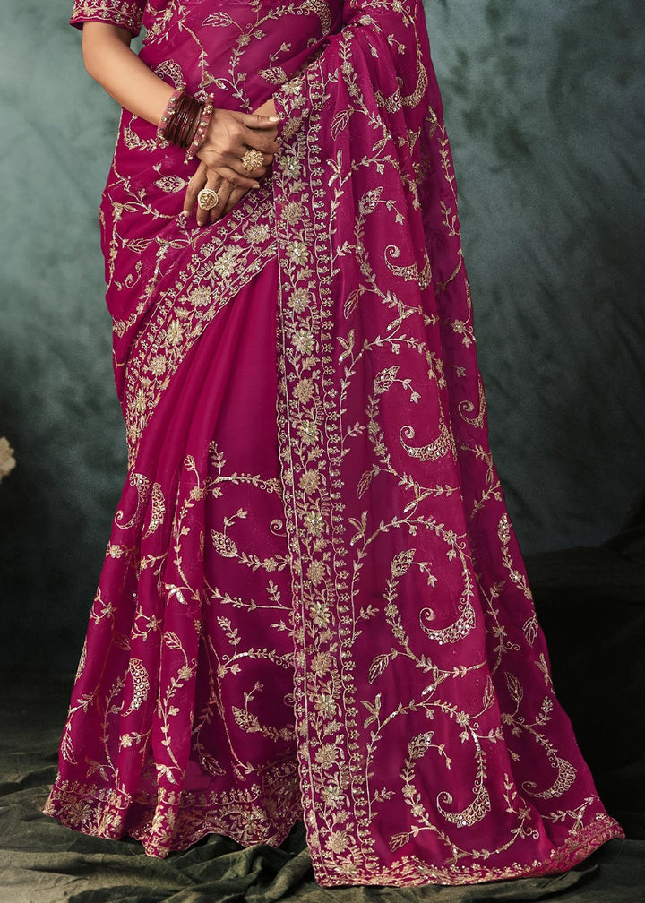 Magenta Pink Embroidered Satin Crepe Saree with Aari Detailing