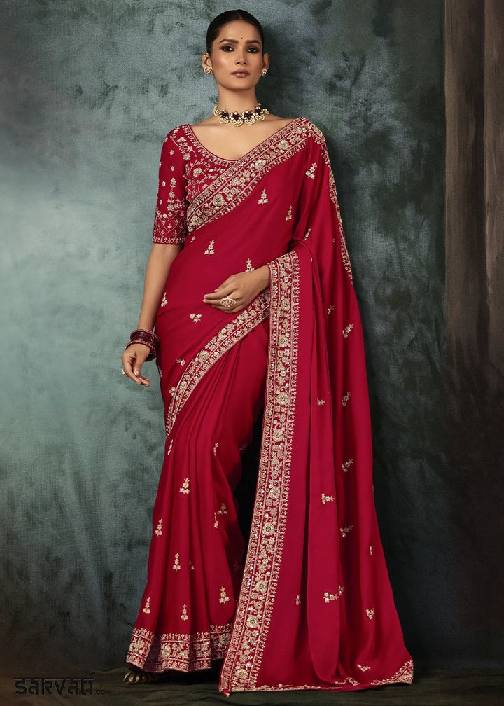 Crimson Red Embroidered Satin Crepe Saree with Aari Detailing
