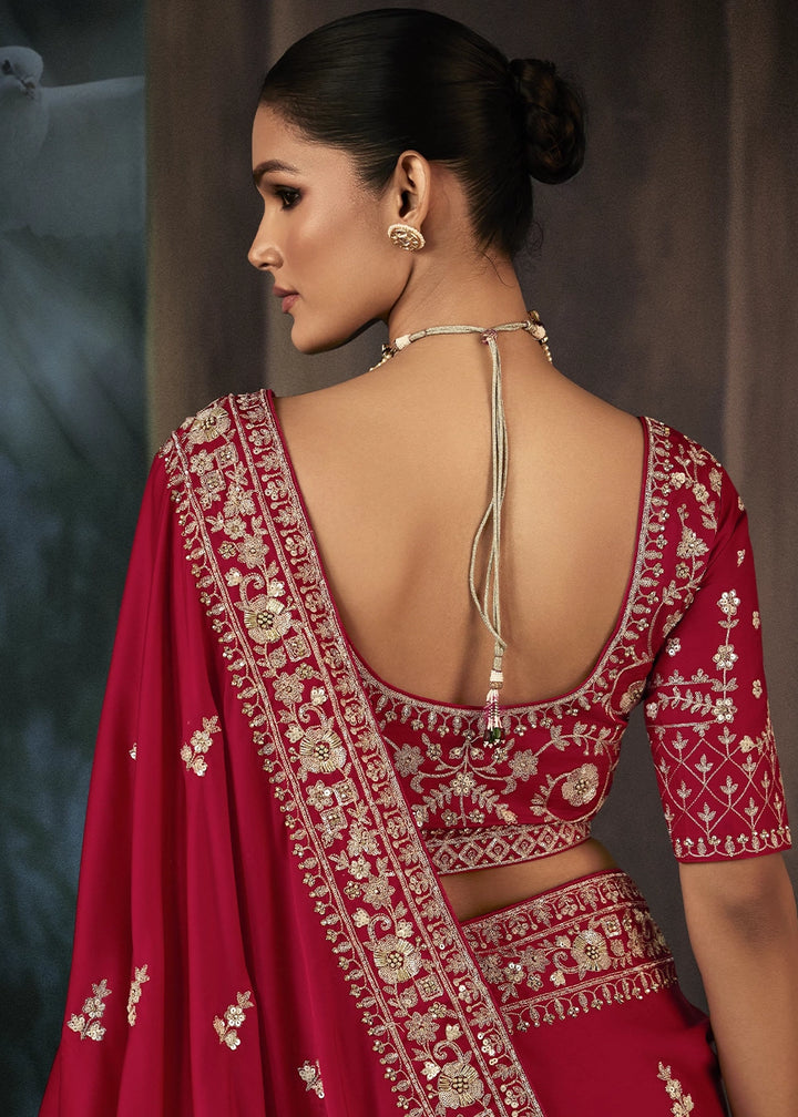 Crimson Red Embroidered Satin Crepe Saree with Aari Detailing