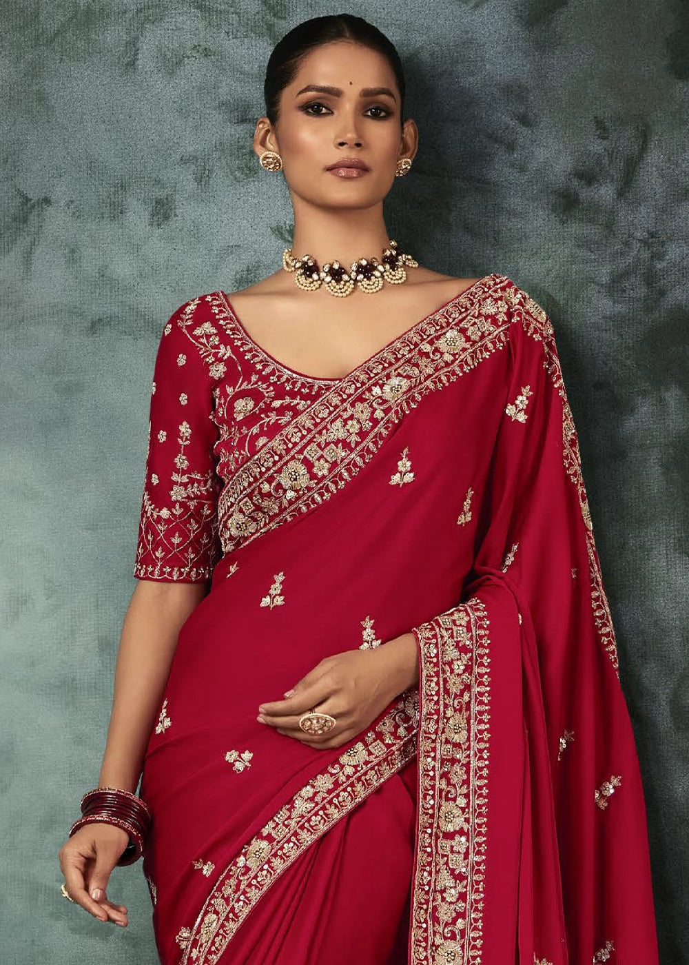 Crimson Red Embroidered Satin Crepe Saree with Aari Detailing