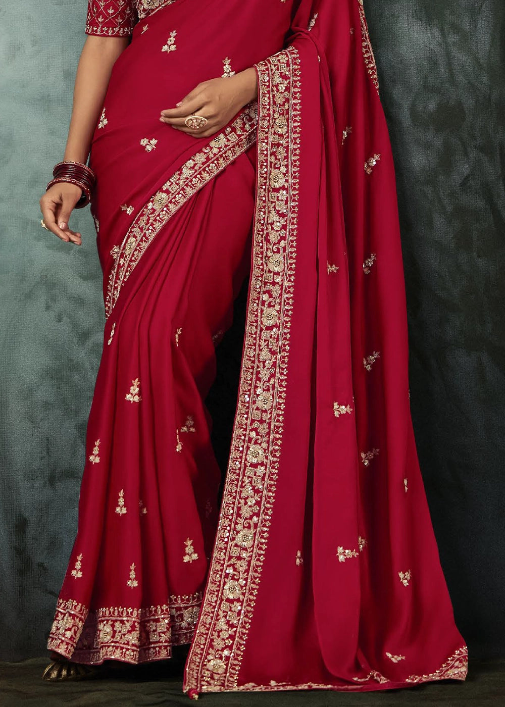 Crimson Red Embroidered Satin Crepe Saree with Aari Detailing