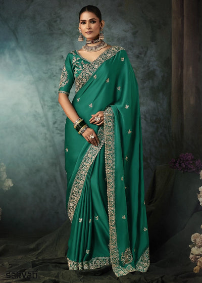 Jade Green Embroidered Satin Crepe Saree with Aari Detailing