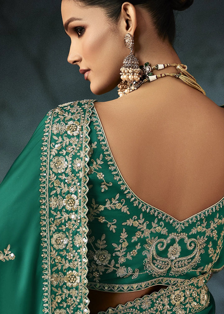 Jade Green Embroidered Satin Crepe Saree with Aari Detailing
