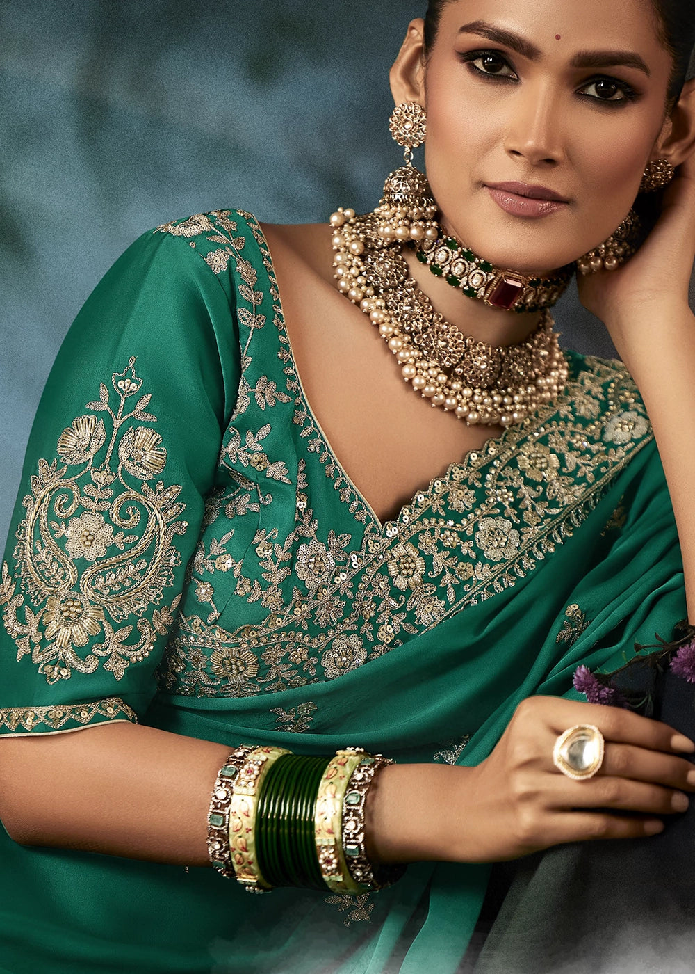 Jade Green Embroidered Satin Crepe Saree with Aari Detailing
