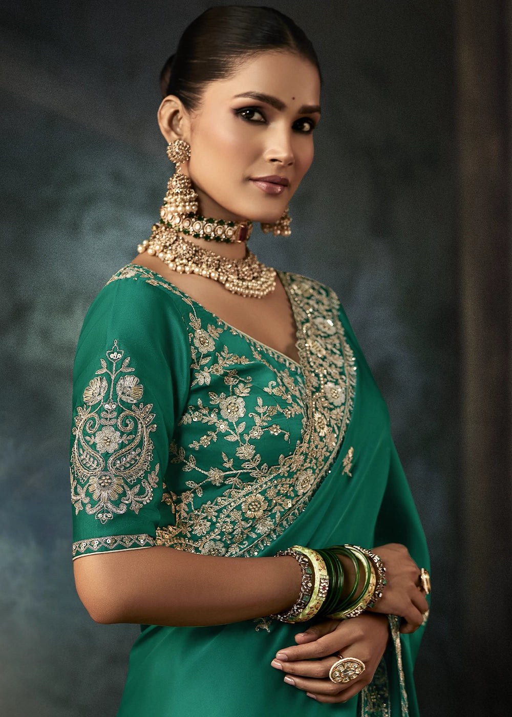 Jade Green Embroidered Satin Crepe Saree with Aari Detailing
