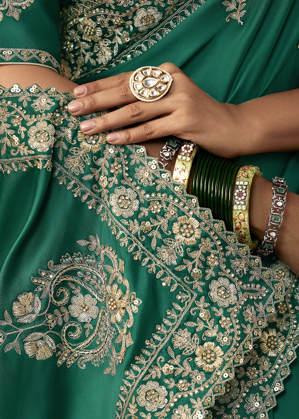 Jade Green Embroidered Satin Crepe Saree with Aari Detailing