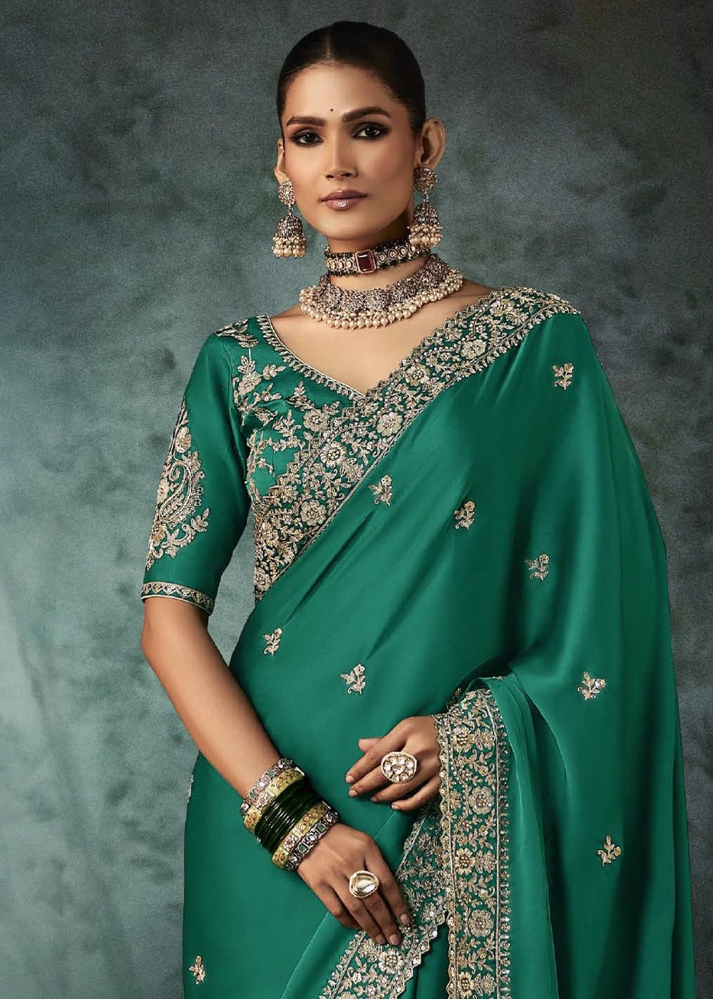 Jade Green Embroidered Satin Crepe Saree with Aari Detailing