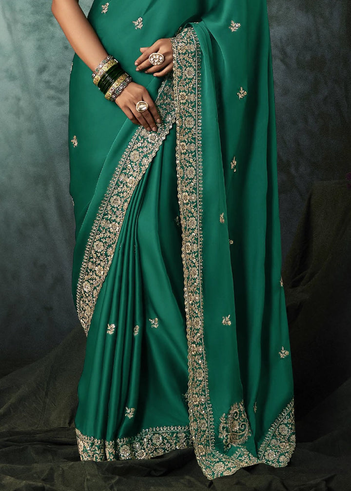 Jade Green Embroidered Satin Crepe Saree with Aari Detailing