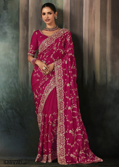 Cerise Pink Embroidered Satin Crepe Saree with Aari Detailing