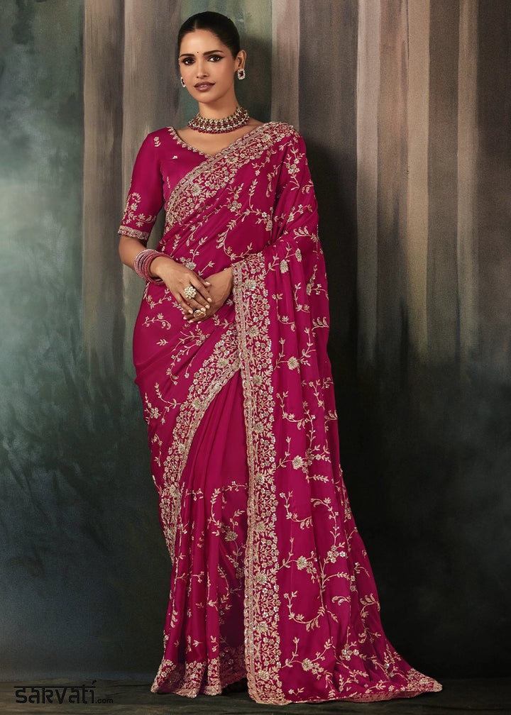 Cerise Pink Embroidered Satin Crepe Saree with Aari Detailing