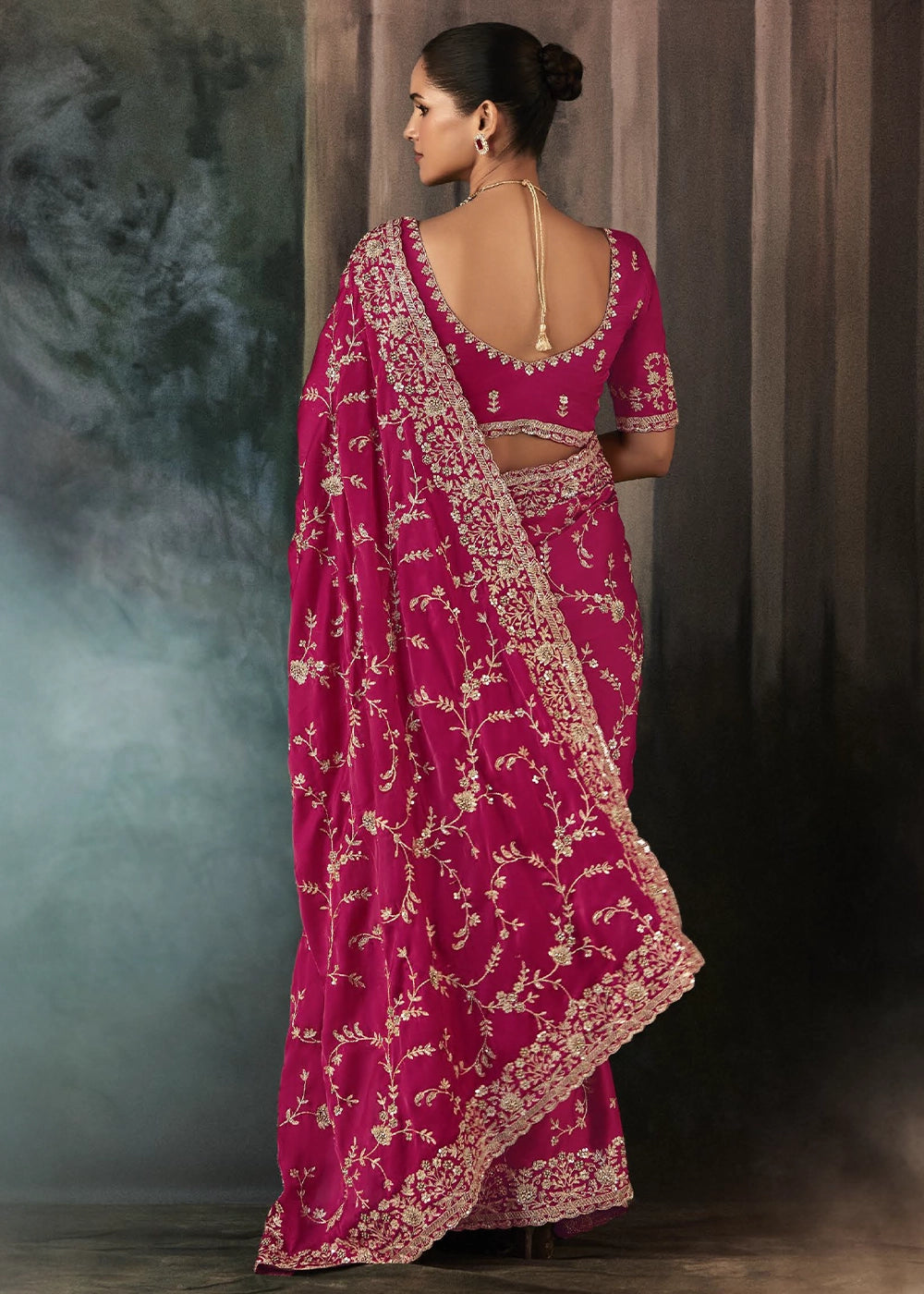 Cerise Pink Embroidered Satin Crepe Saree with Aari Detailing