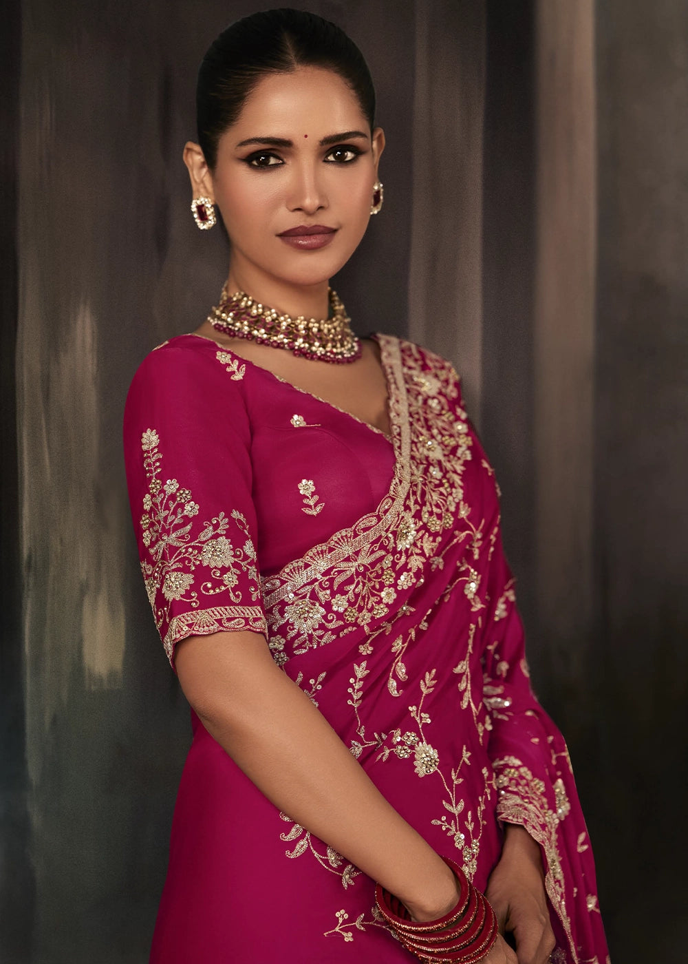 Cerise Pink Embroidered Satin Crepe Saree with Aari Detailing