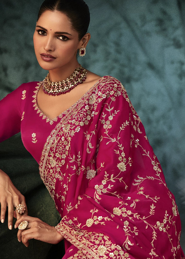 Cerise Pink Embroidered Satin Crepe Saree with Aari Detailing