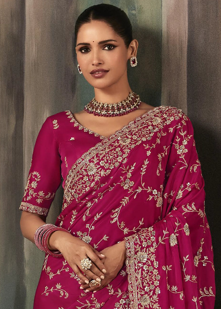 Cerise Pink Embroidered Satin Crepe Saree with Aari Detailing
