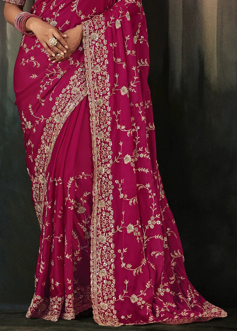 Cerise Pink Embroidered Satin Crepe Saree with Aari Detailing