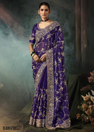 Russian Purple Embroidered Satin Crepe Saree with Aari Detailing
