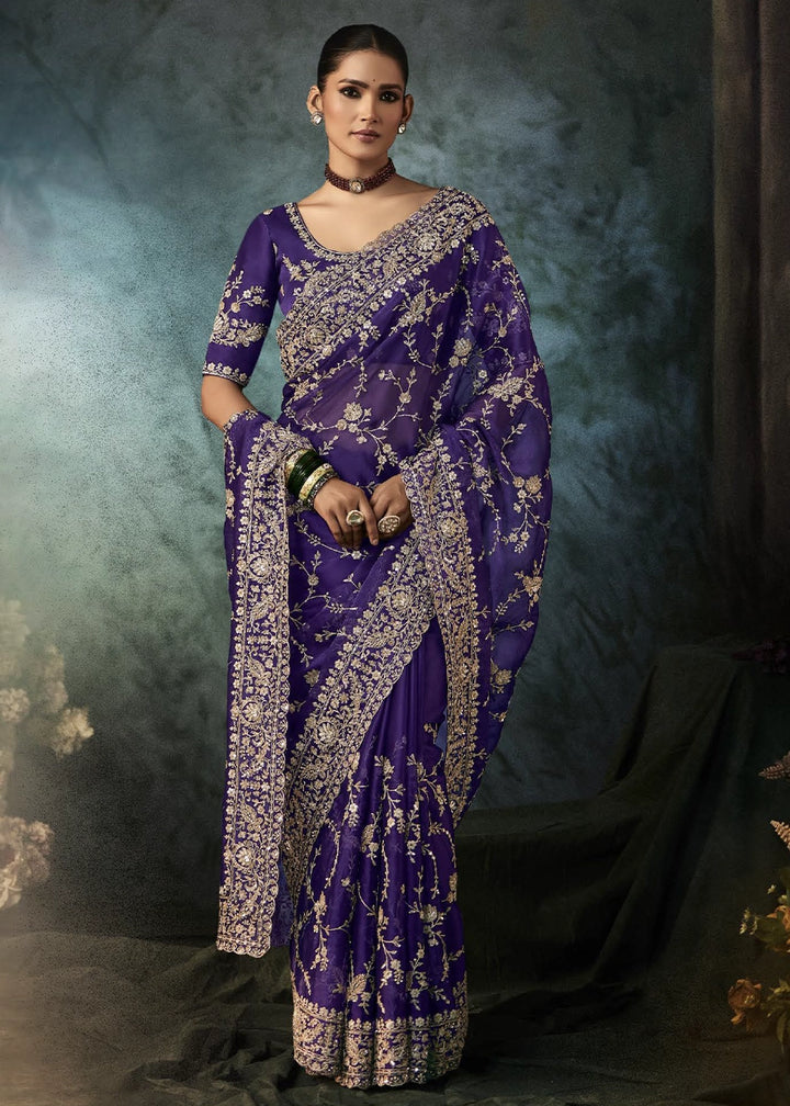 Russian Purple Embroidered Satin Crepe Saree with Aari Detailing