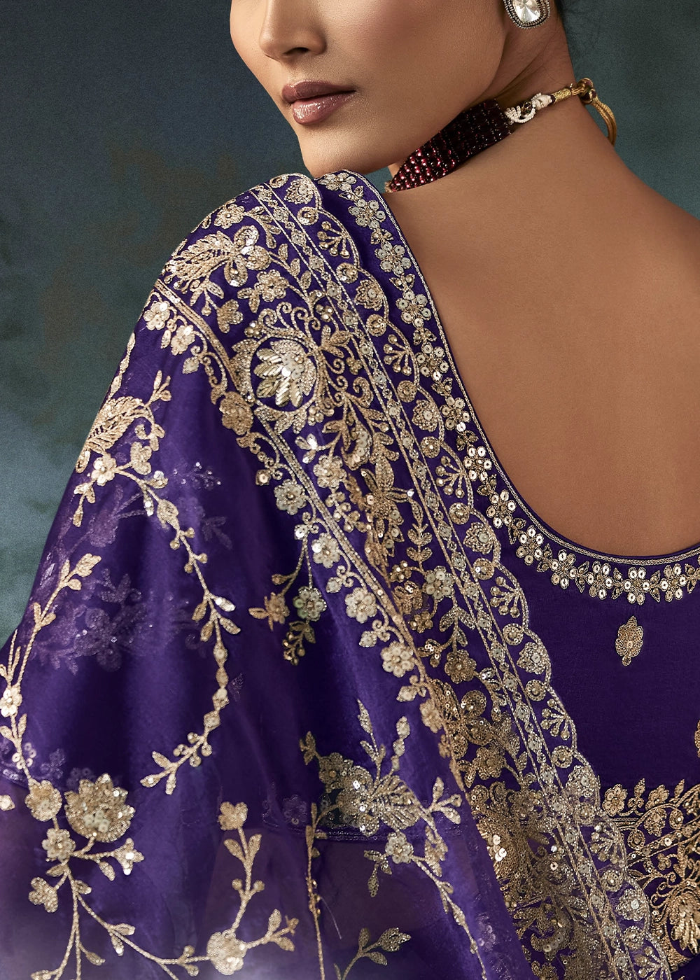 Russian Purple Embroidered Satin Crepe Saree with Aari Detailing