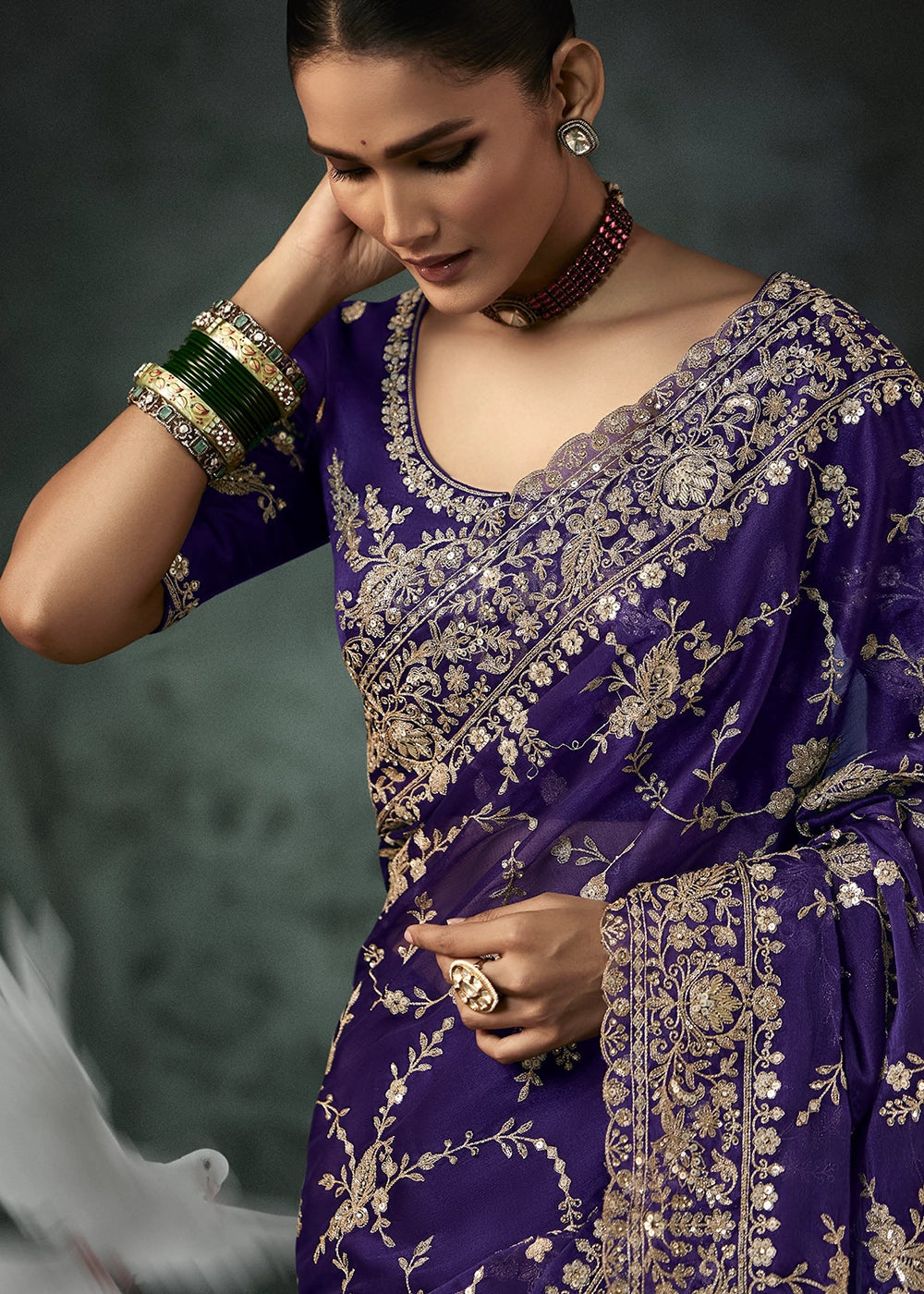 Russian Purple Embroidered Satin Crepe Saree with Aari Detailing