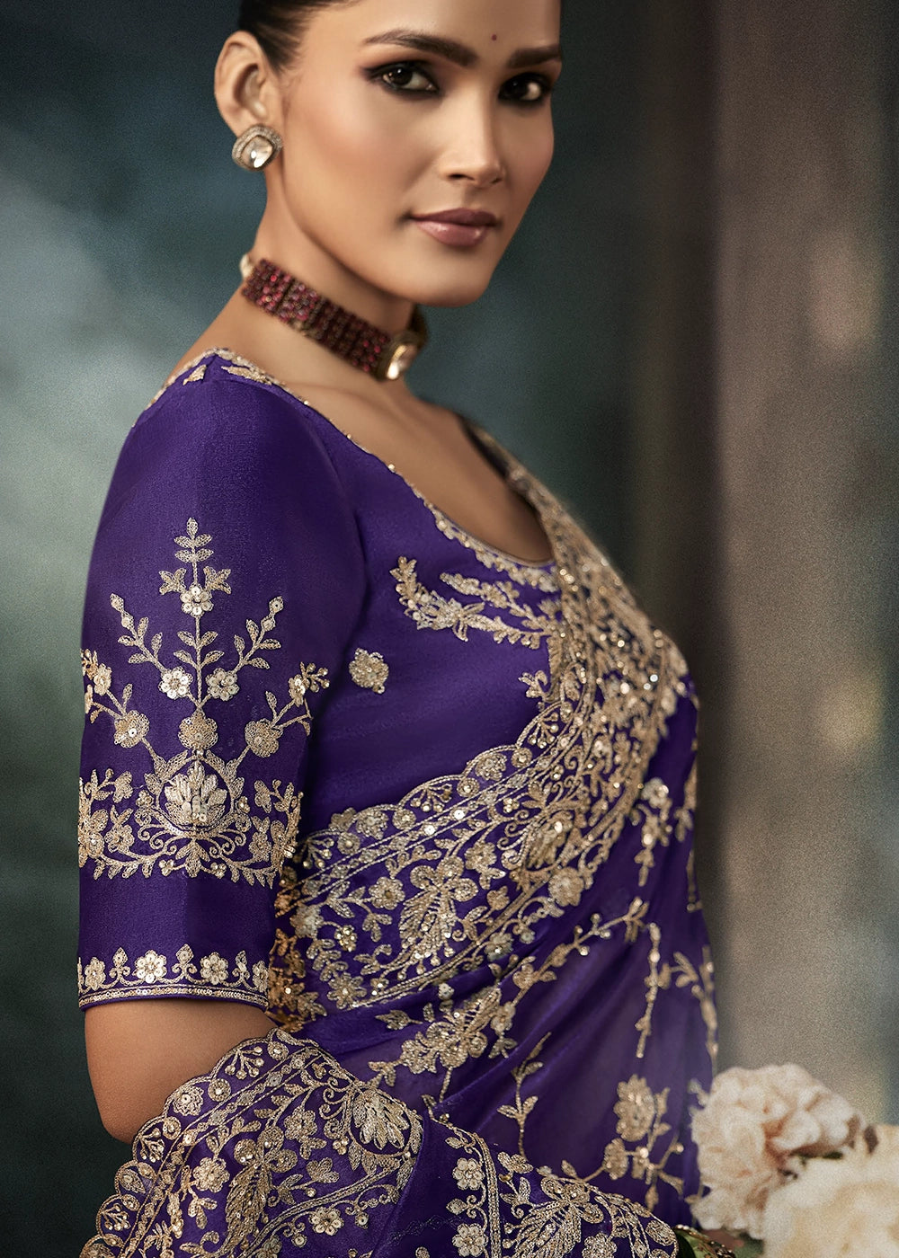 Russian Purple Embroidered Satin Crepe Saree with Aari Detailing
