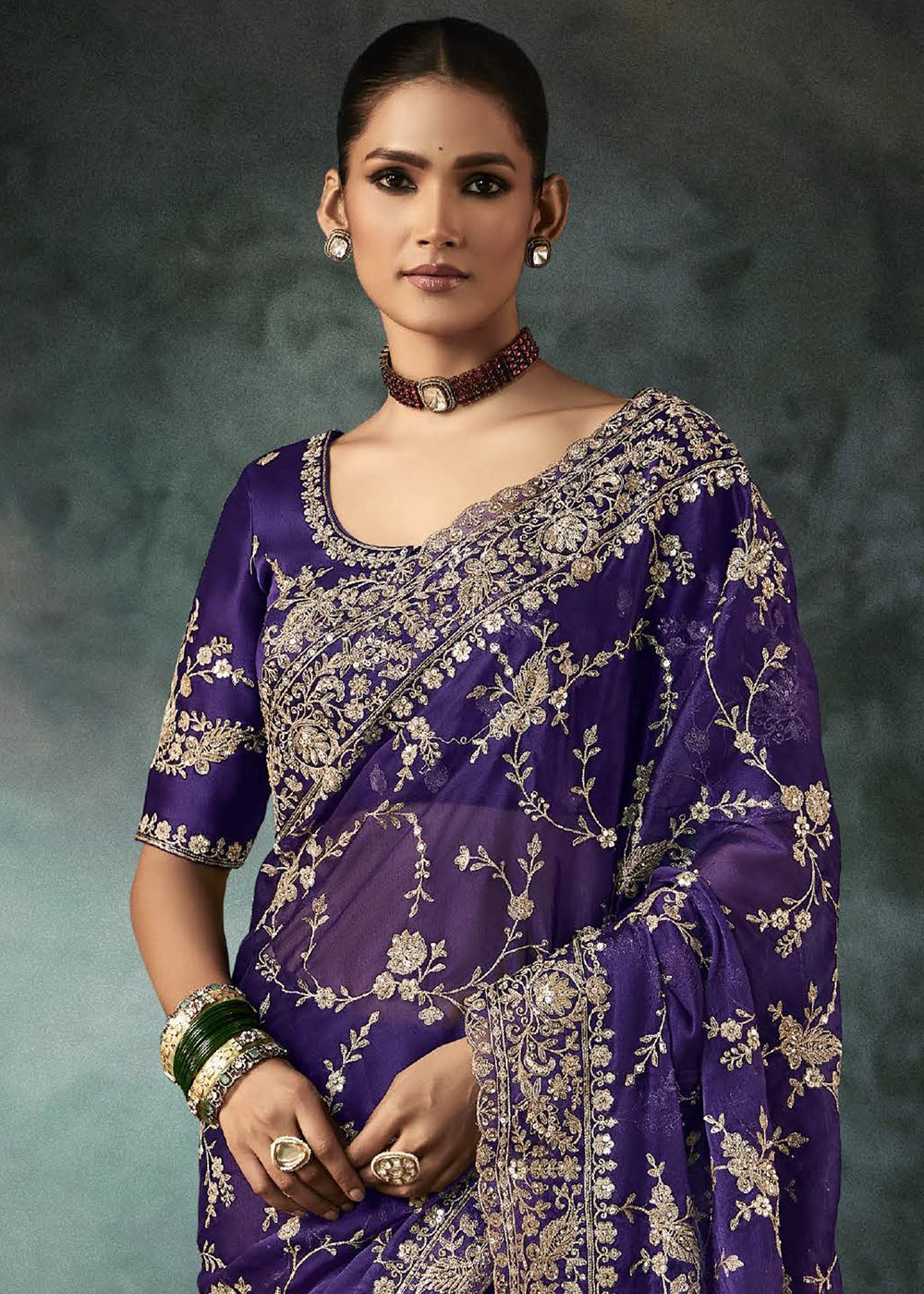 Russian Purple Embroidered Satin Crepe Saree with Aari Detailing