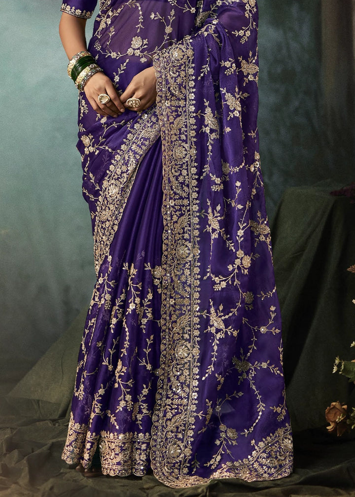 Russian Purple Embroidered Satin Crepe Saree with Aari Detailing
