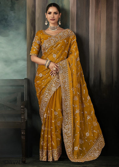 Mustard Orange Embroidered Satin Crepe Saree with Aari Detailing
