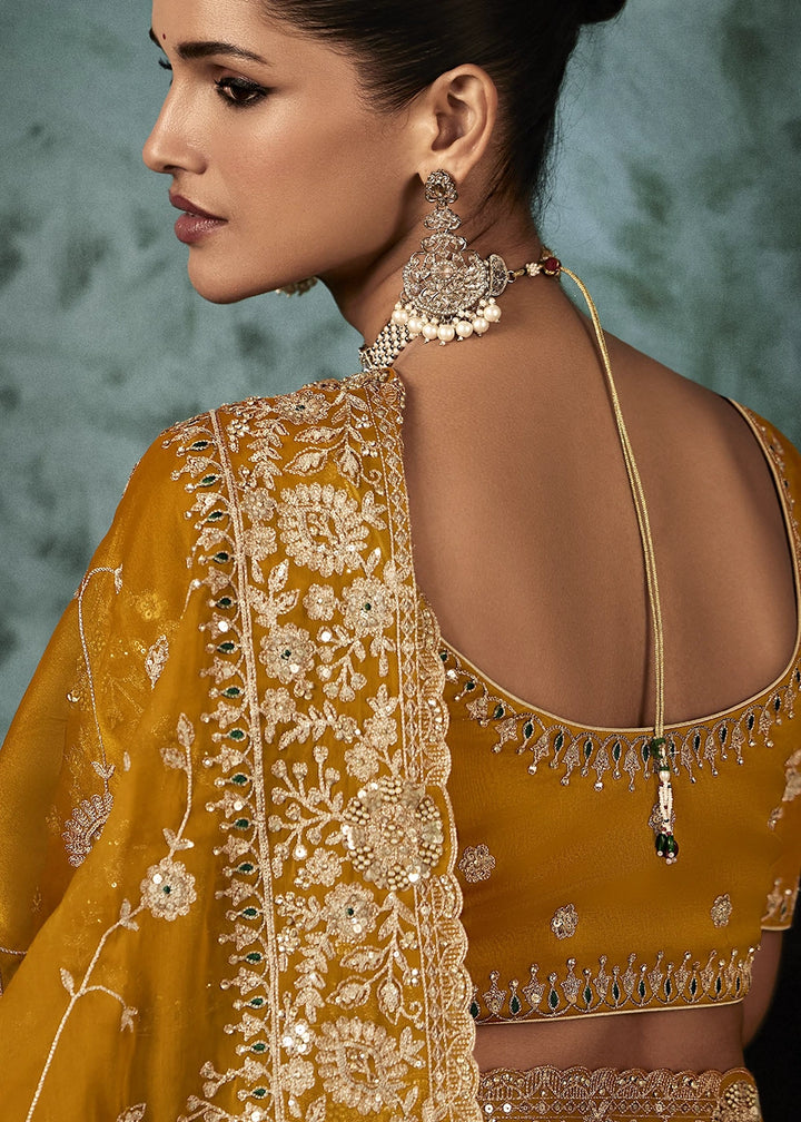 Mustard Orange Embroidered Satin Crepe Saree with Aari Detailing