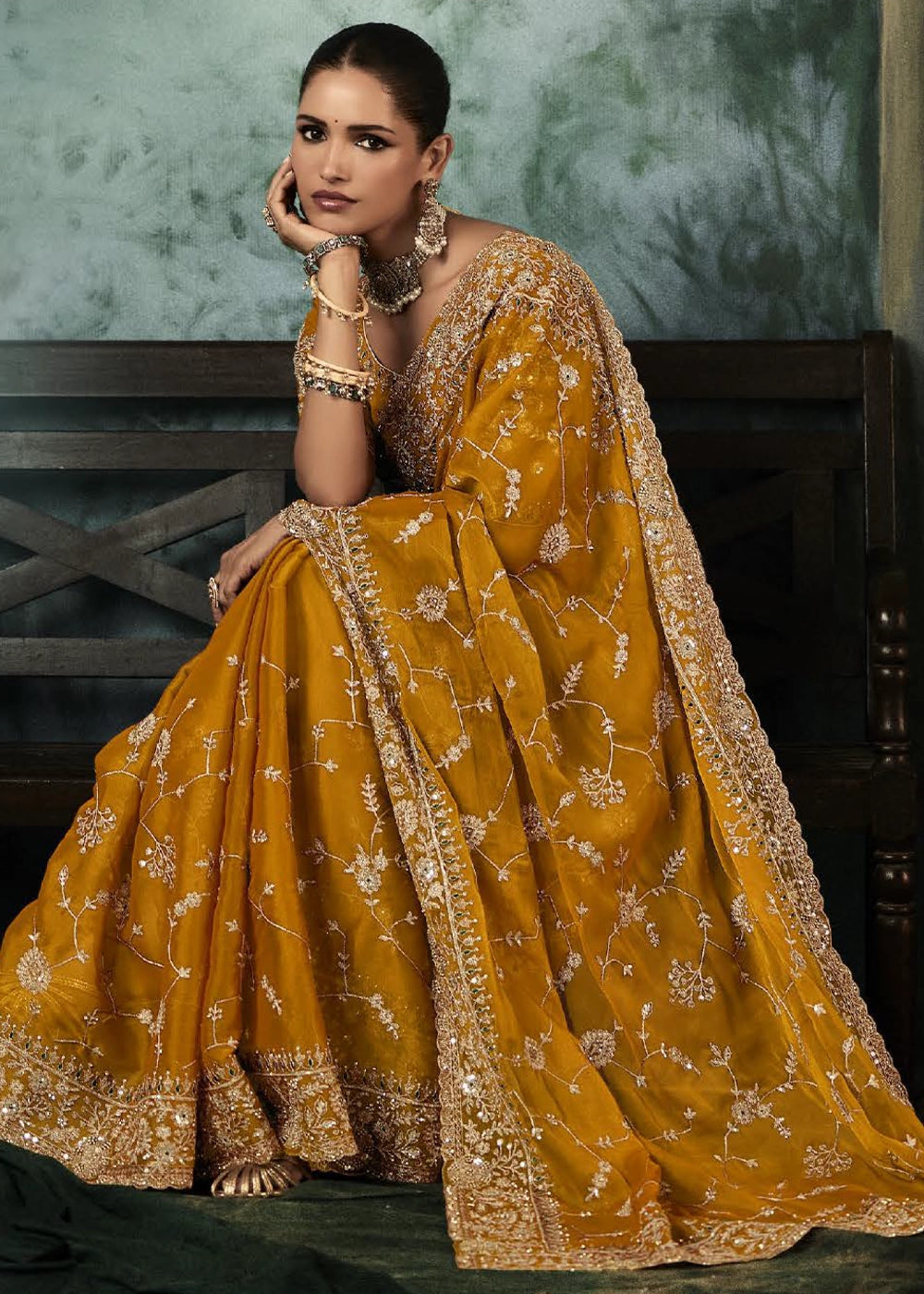 Mustard Orange Embroidered Satin Crepe Saree with Aari Detailing