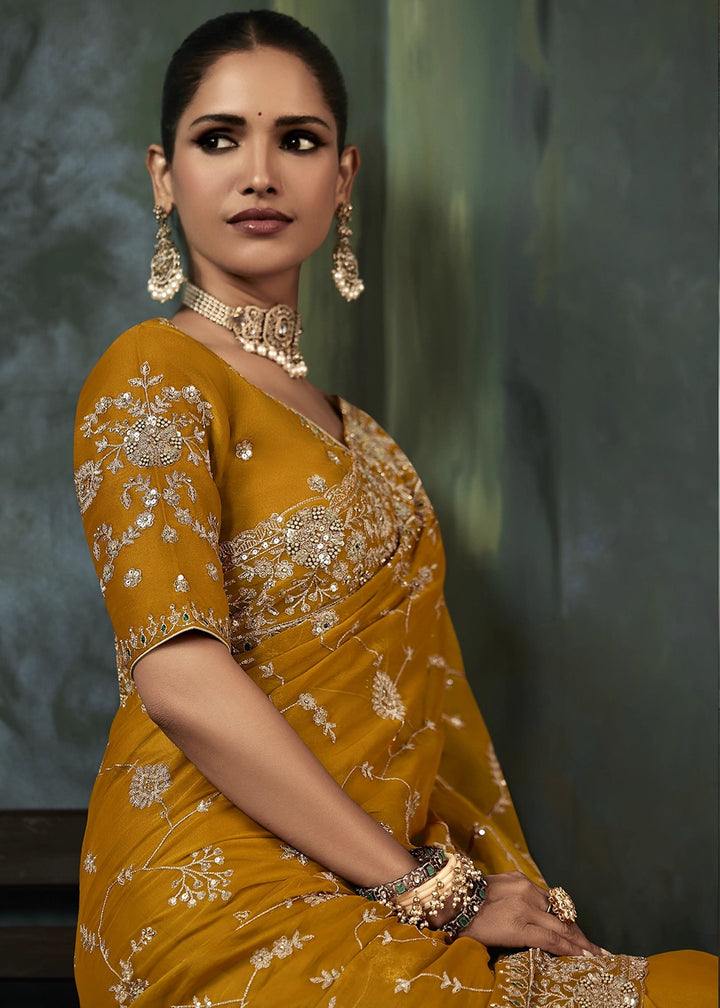 Mustard Orange Embroidered Satin Crepe Saree with Aari Detailing