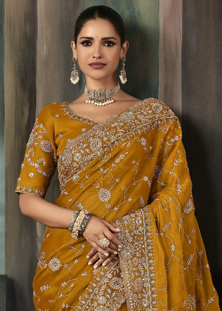 Mustard Orange Embroidered Satin Crepe Saree with Aari Detailing