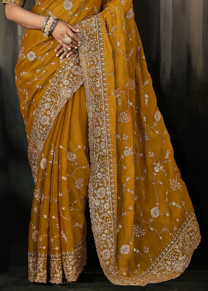 Mustard Orange Embroidered Satin Crepe Saree with Aari Detailing