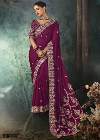 Orchid Purple Embroidered Satin Crepe Saree with Aari Detailing