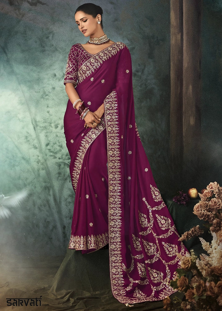 Orchid Purple Embroidered Satin Crepe Saree with Aari Detailing