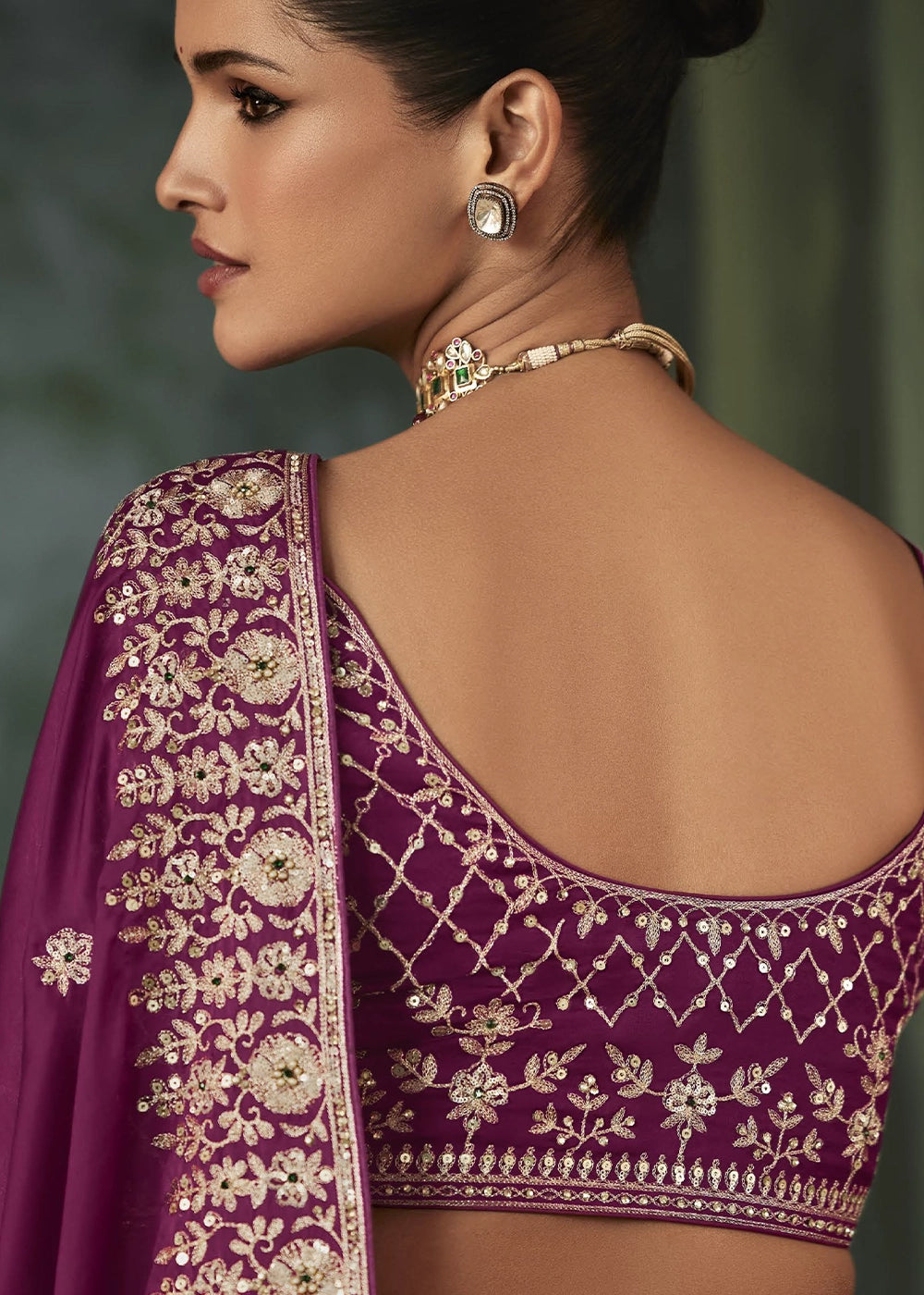 Orchid Purple Embroidered Satin Crepe Saree with Aari Detailing