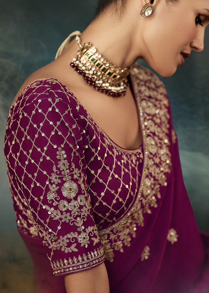 Orchid Purple Embroidered Satin Crepe Saree with Aari Detailing
