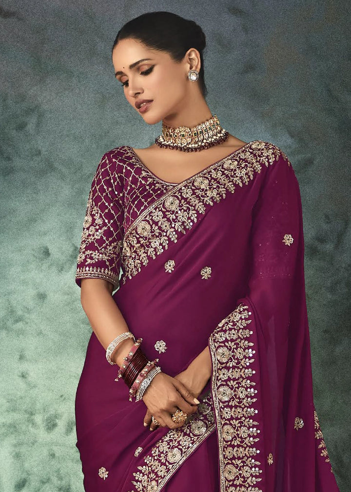 Orchid Purple Embroidered Satin Crepe Saree with Aari Detailing