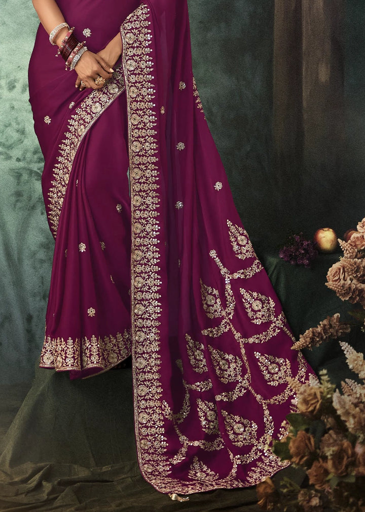 Orchid Purple Embroidered Satin Crepe Saree with Aari Detailing