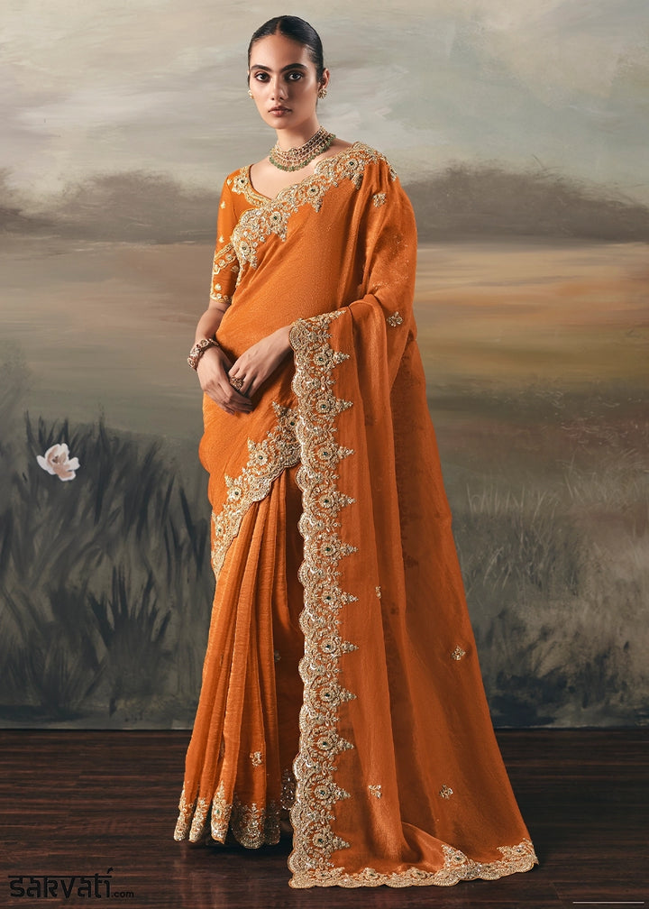 Pumpkin Orange Designer Tissue Saree with Multi-Handcrafted Work